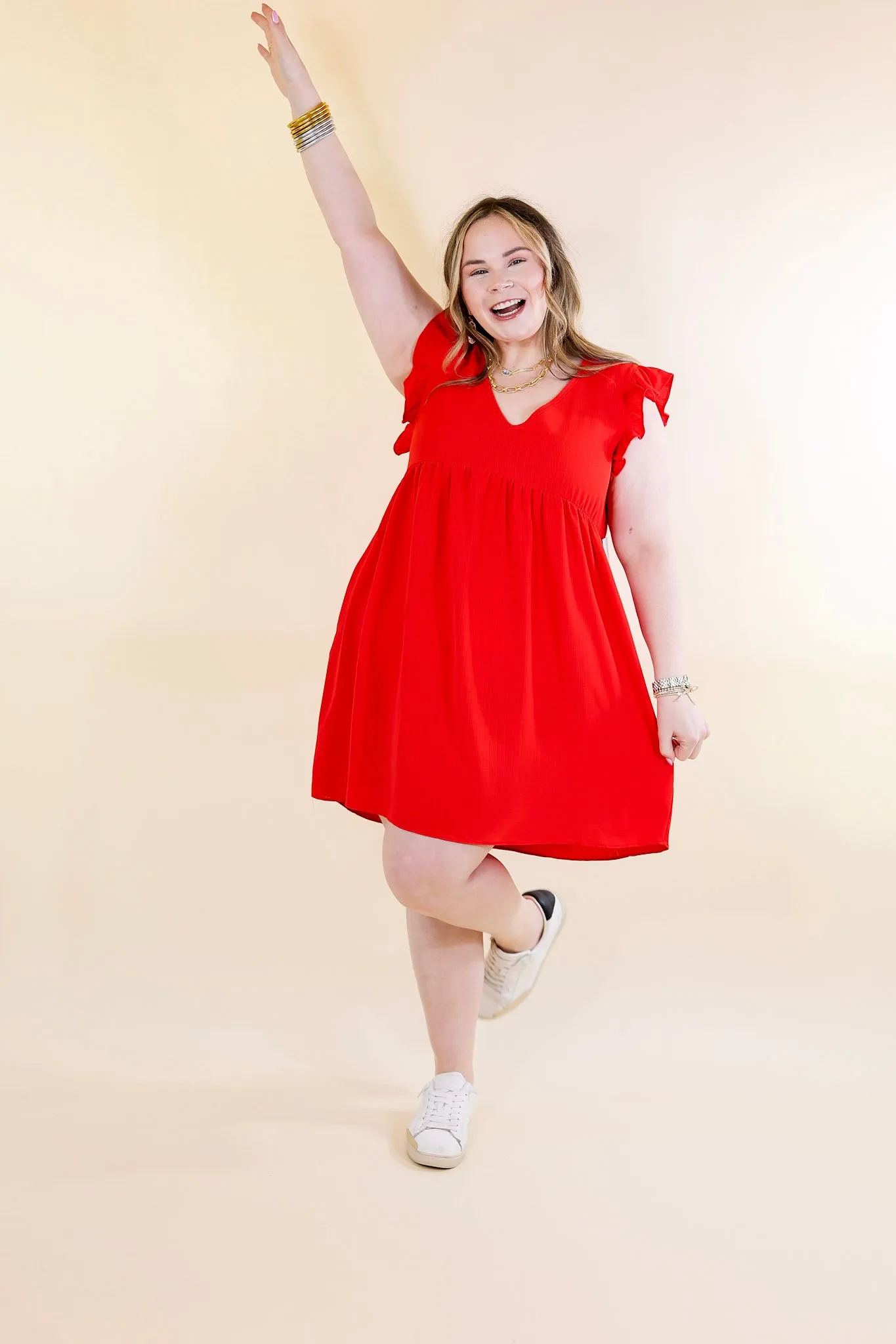 Capture Your Attention V Neck Dress with Ruffle Cap Sleeves in Red