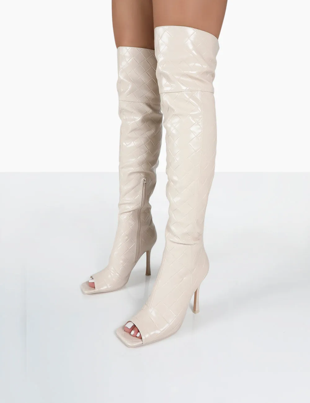 Carlotta Ecru Open Toe Woven Material Heeled Over The Knee Boots