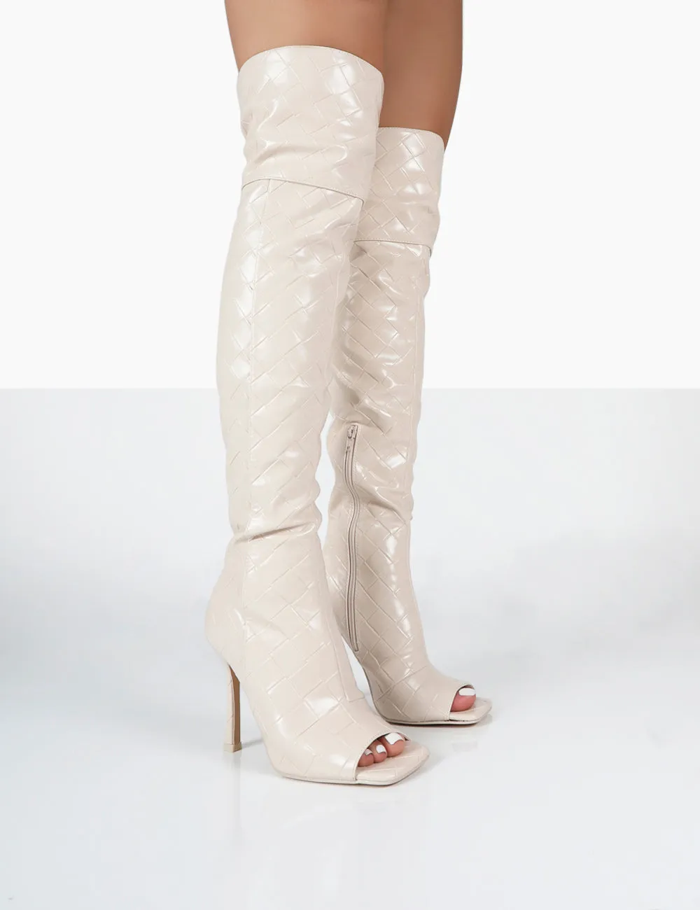 Carlotta Ecru Open Toe Woven Material Heeled Over The Knee Boots