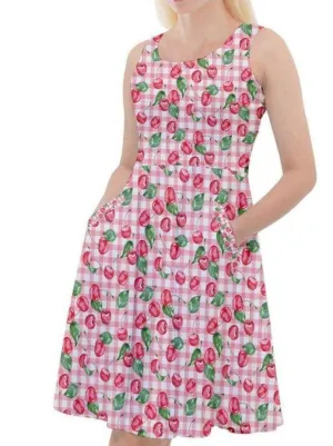 CHERRY GINGHAM Knee Length Skater Dress With Pockets