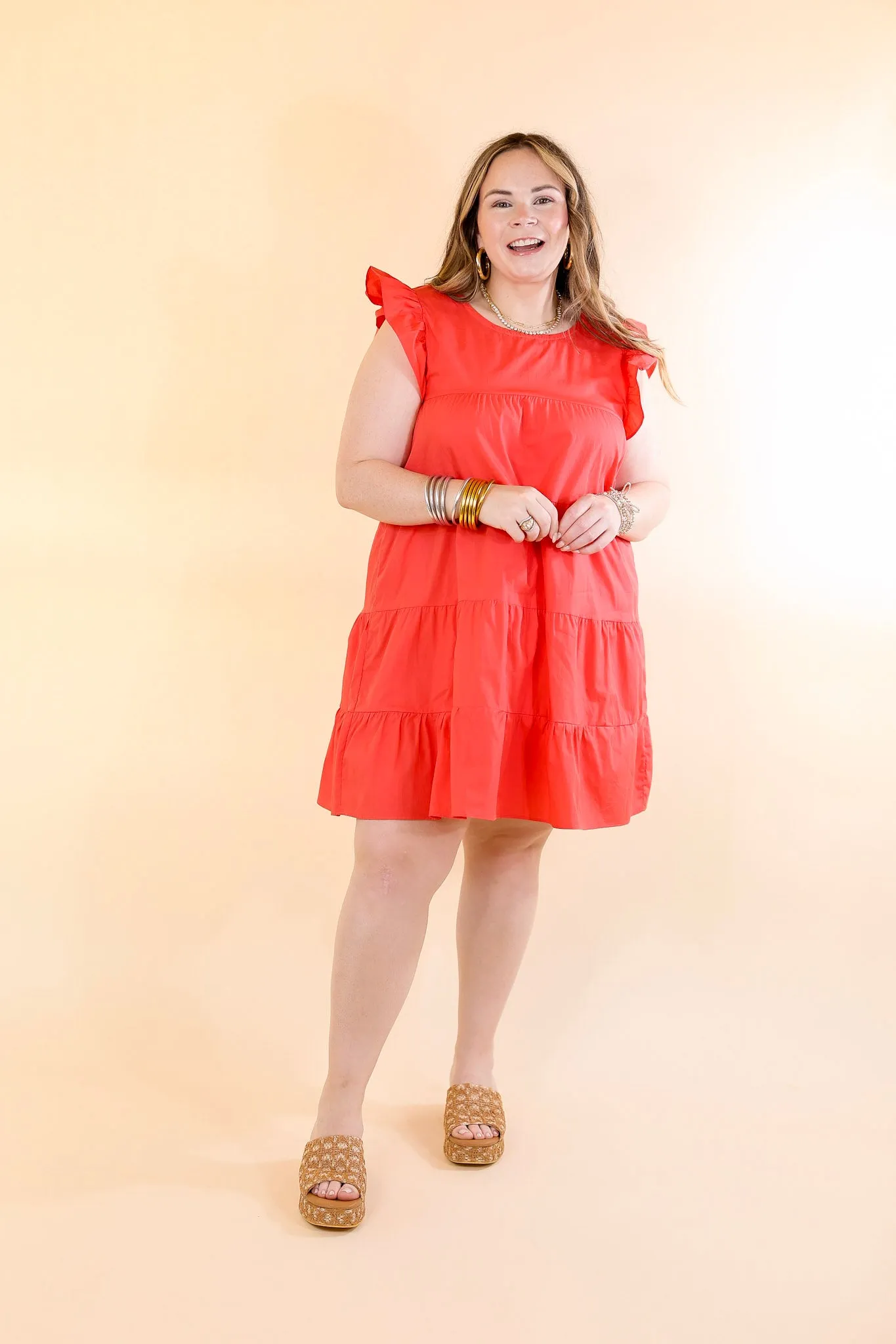 Choose Confidence Ruffle Cap Sleeve Tiered Dress in Coral Red