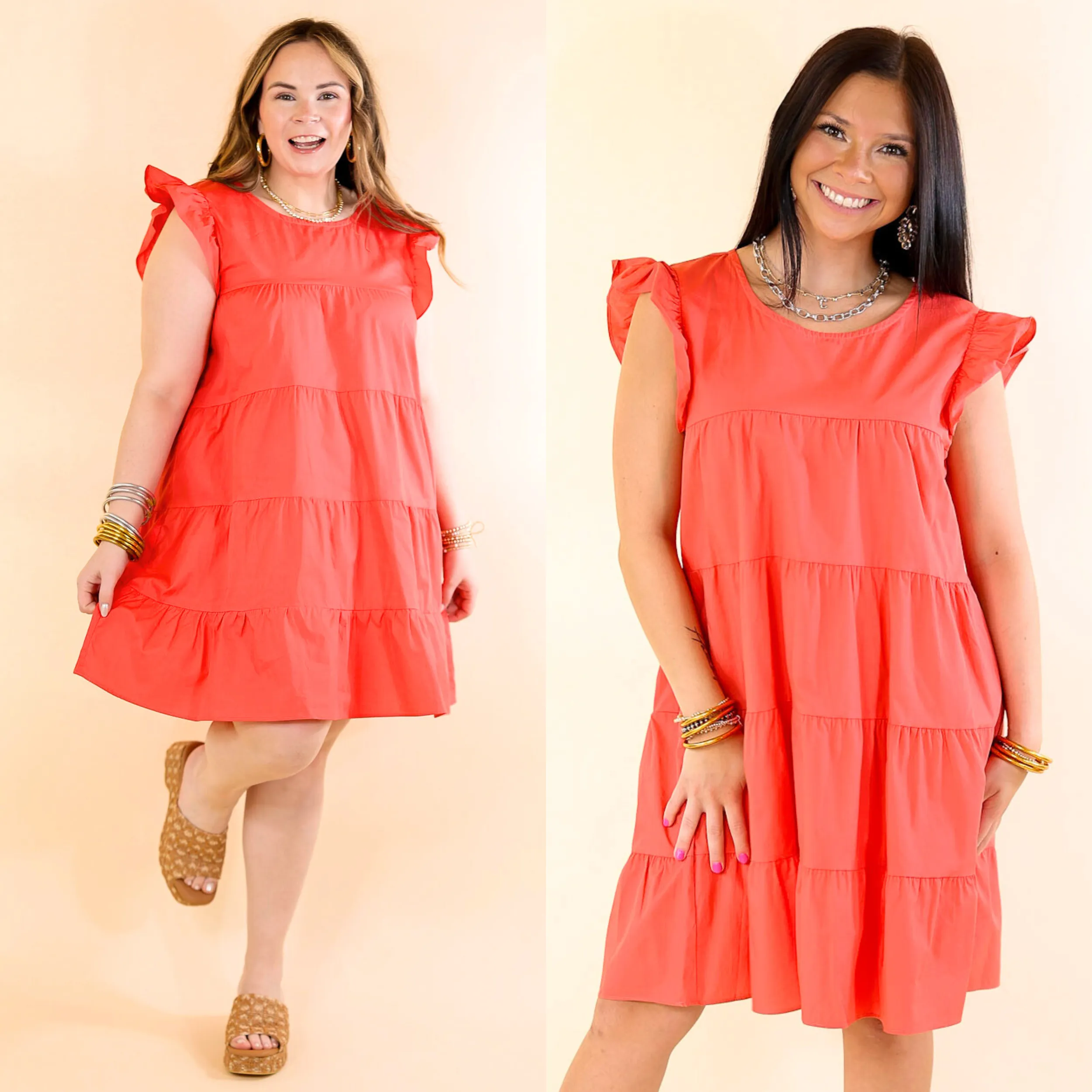 Choose Confidence Ruffle Cap Sleeve Tiered Dress in Coral Red