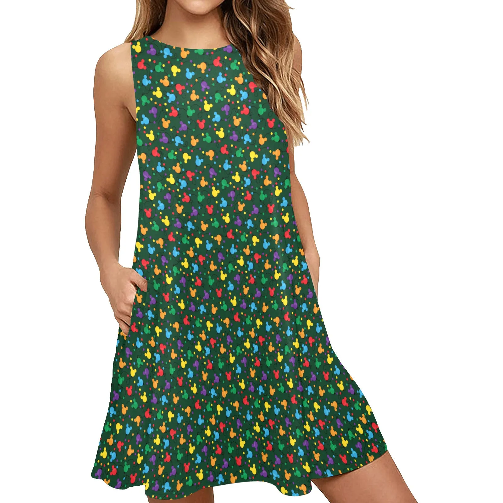 Christmas Lights Sleeveless A-Line Pocket Dress