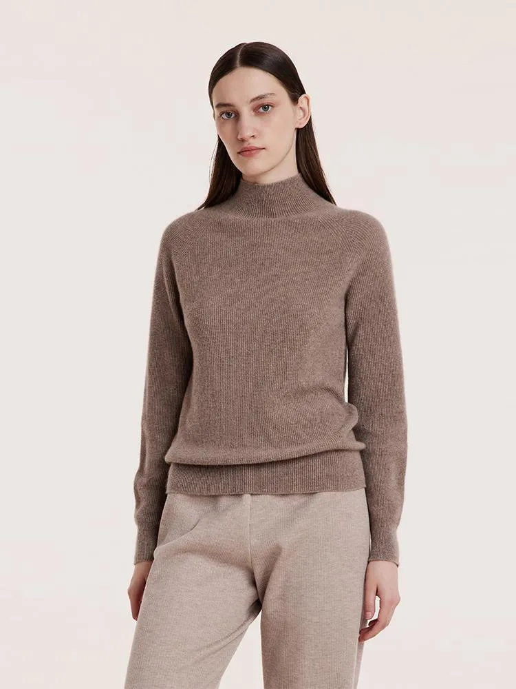 Coffee Seamless Mock Neck Cashmere Women Sweater