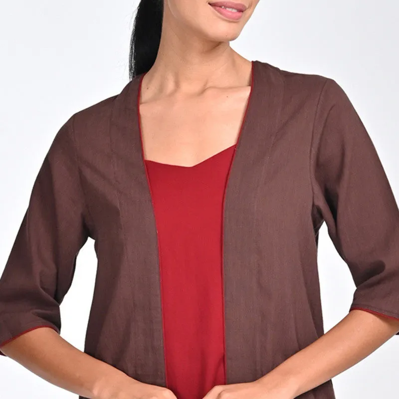 Cotton Co Ord Set For Women | Overlay & Dress | V Neck | Coffee Brown