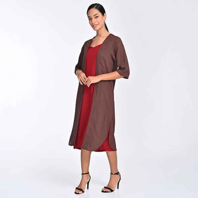 Cotton Co Ord Set For Women | Overlay & Dress | V Neck | Coffee Brown