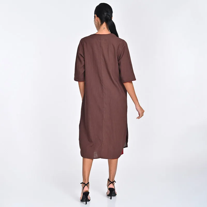 Cotton Co Ord Set For Women | Overlay & Dress | V Neck | Coffee Brown