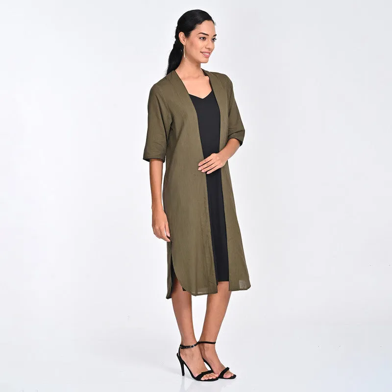 Cotton Co Ord Set For Women | Overlay & Dress | V Neck | Olive & Black