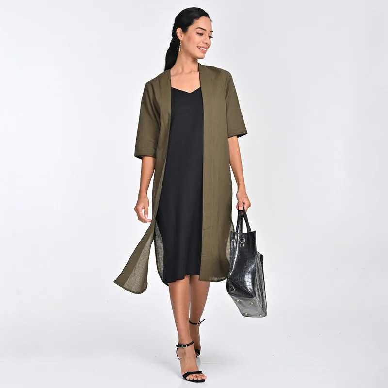 Cotton Co Ord Set For Women | Overlay & Dress | V Neck | Olive & Black