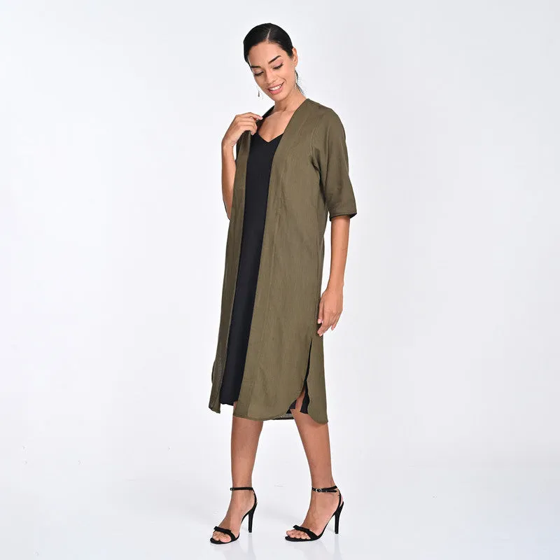 Cotton Co Ord Set For Women | Overlay & Dress | V Neck | Olive & Black