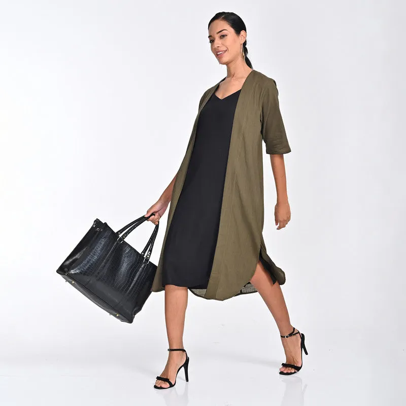 Cotton Co Ord Set For Women | Overlay & Dress | V Neck | Olive & Black