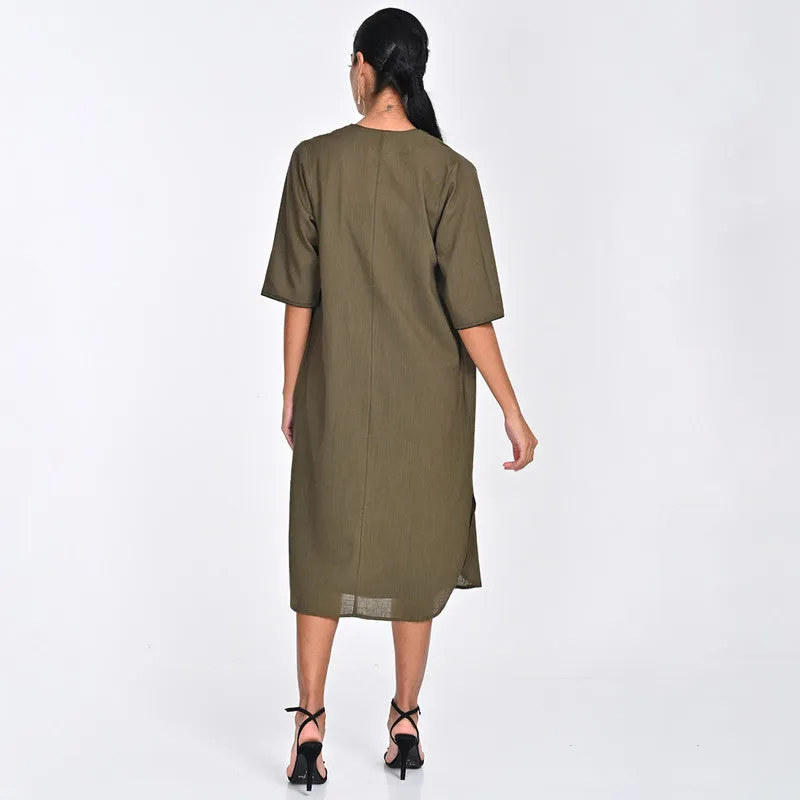 Cotton Co Ord Set For Women | Overlay & Dress | V Neck | Olive & Black