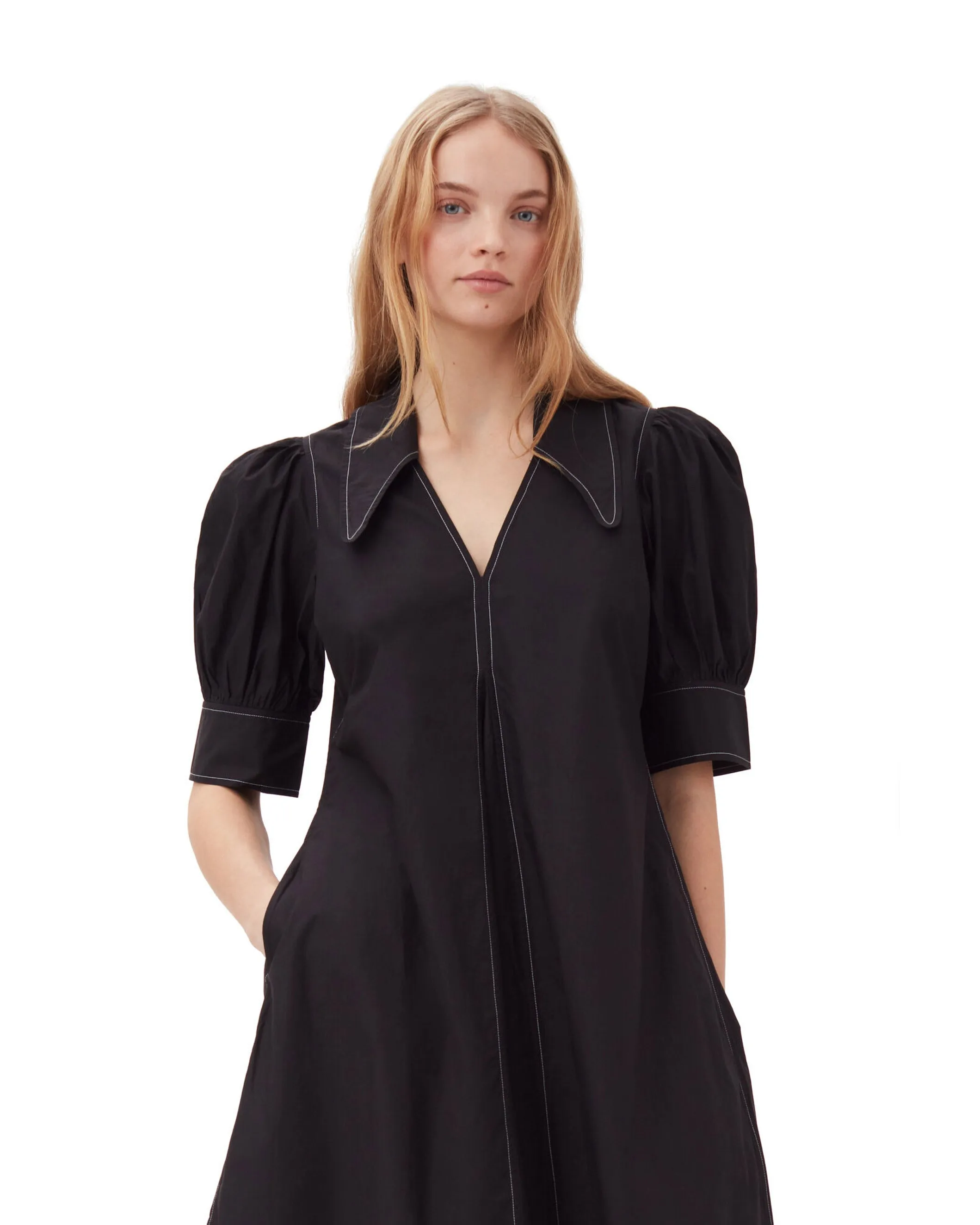 Cotton Poplin V-Neck Dress