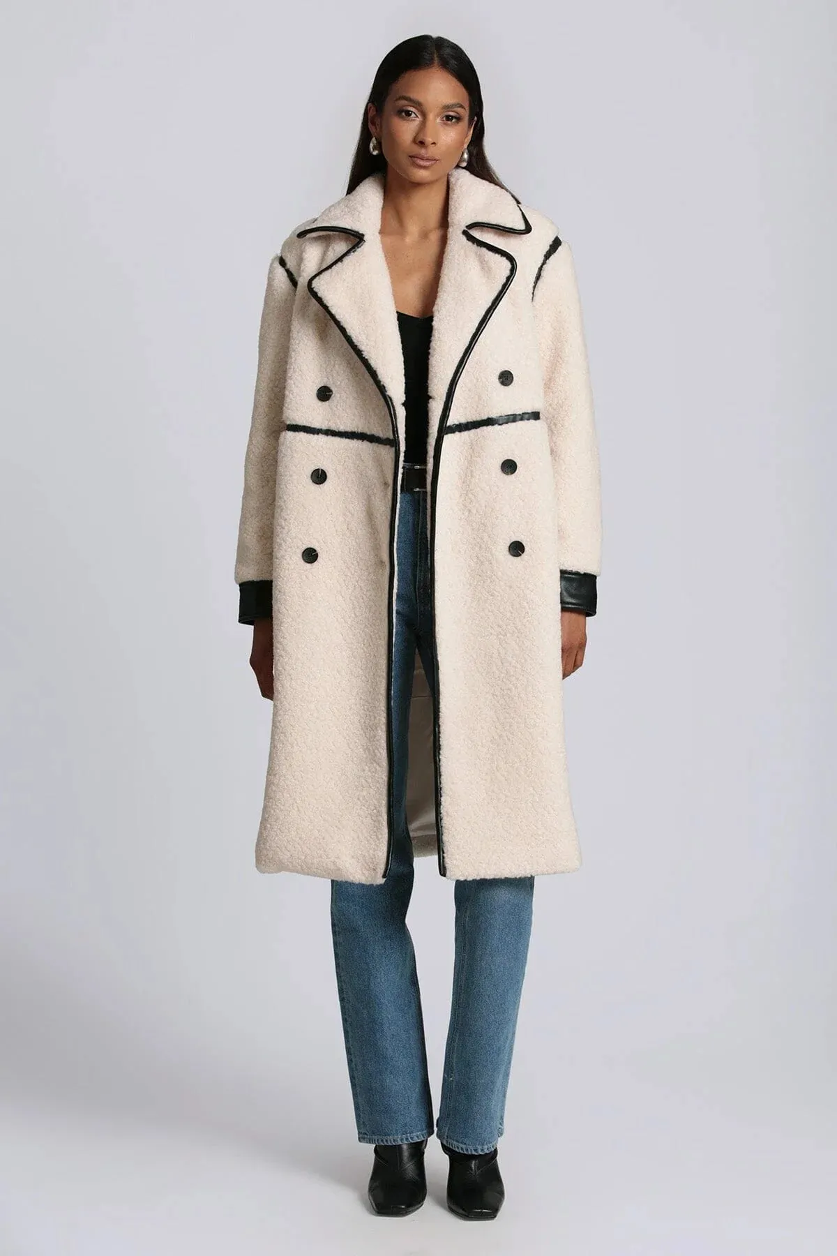 Cream Faux Shearling Black Trim Coat