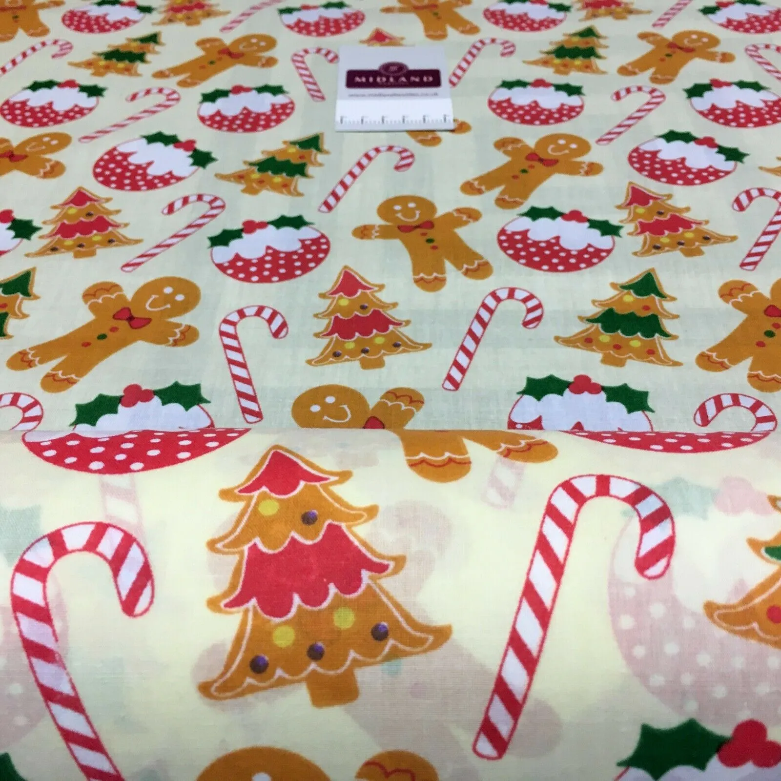 Cream gingerbread Candy Cane Christmas Printed Polycotton Fabric 110 cm MD1514