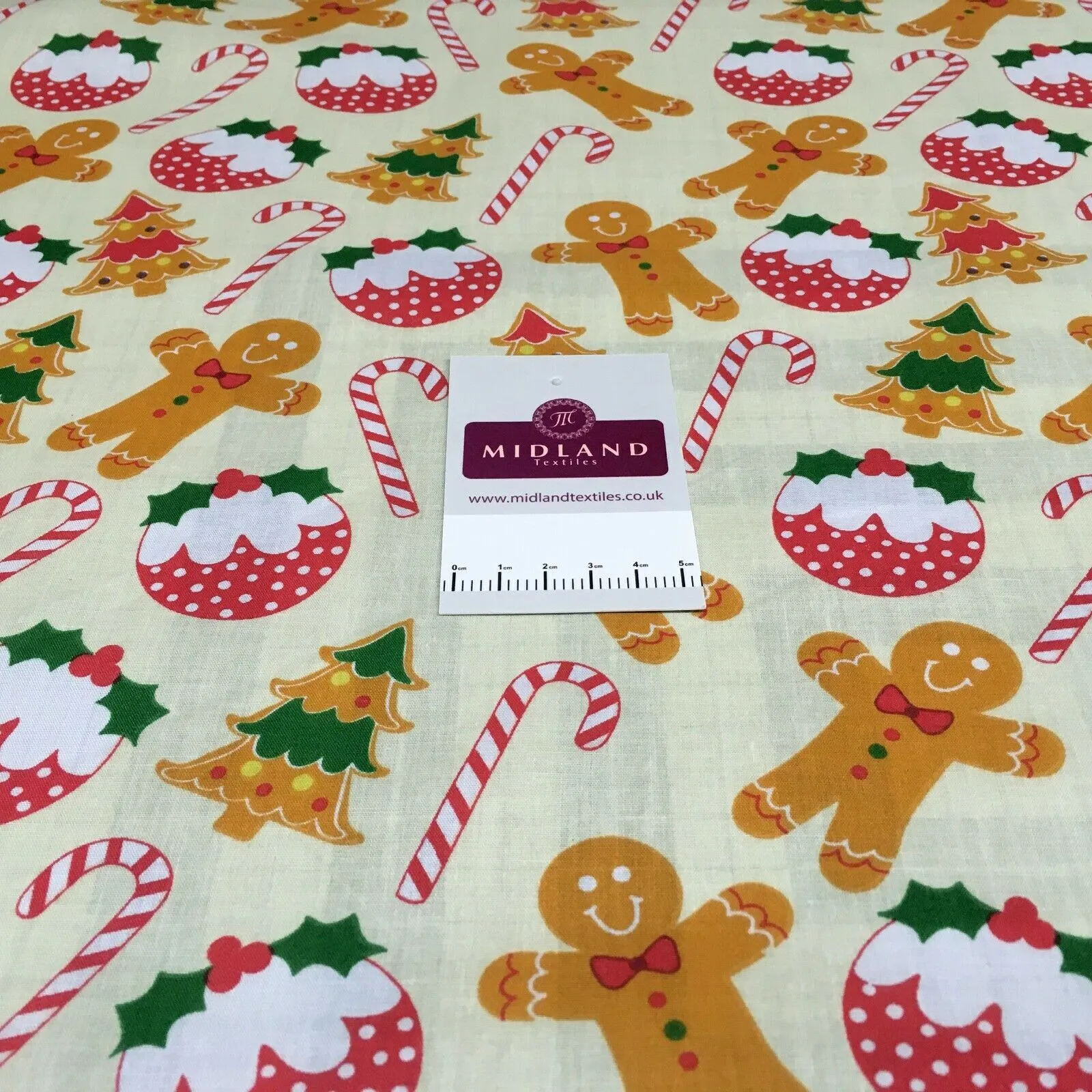 Cream gingerbread Candy Cane Christmas Printed Polycotton Fabric 110 cm MD1514