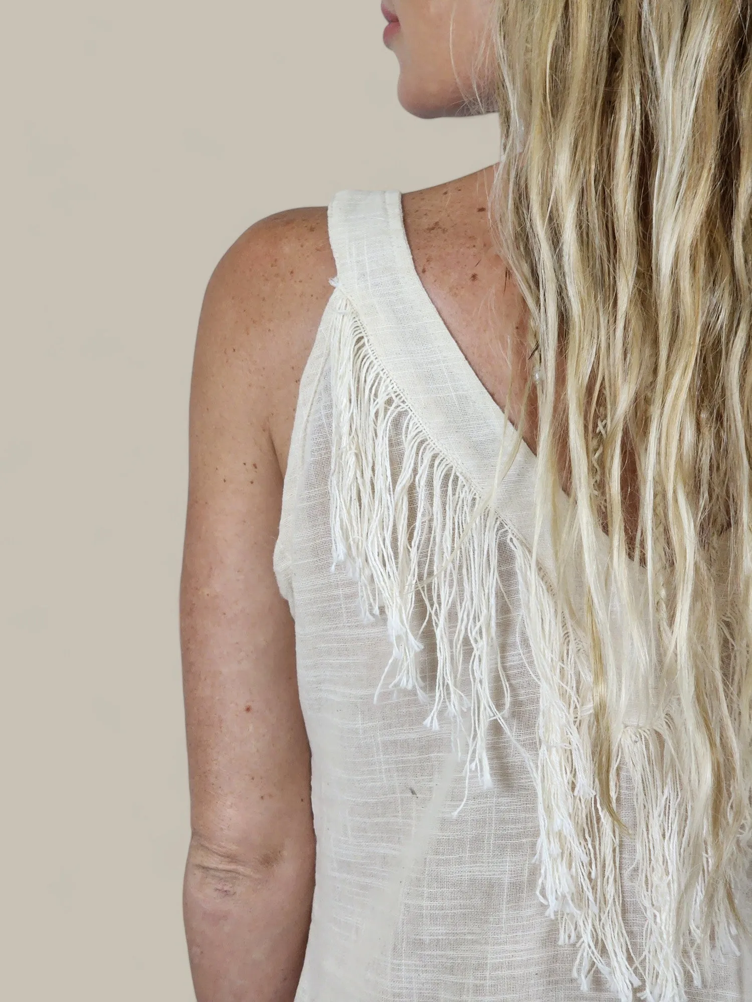 Cream Organic Linen Mini Dress with Fringe