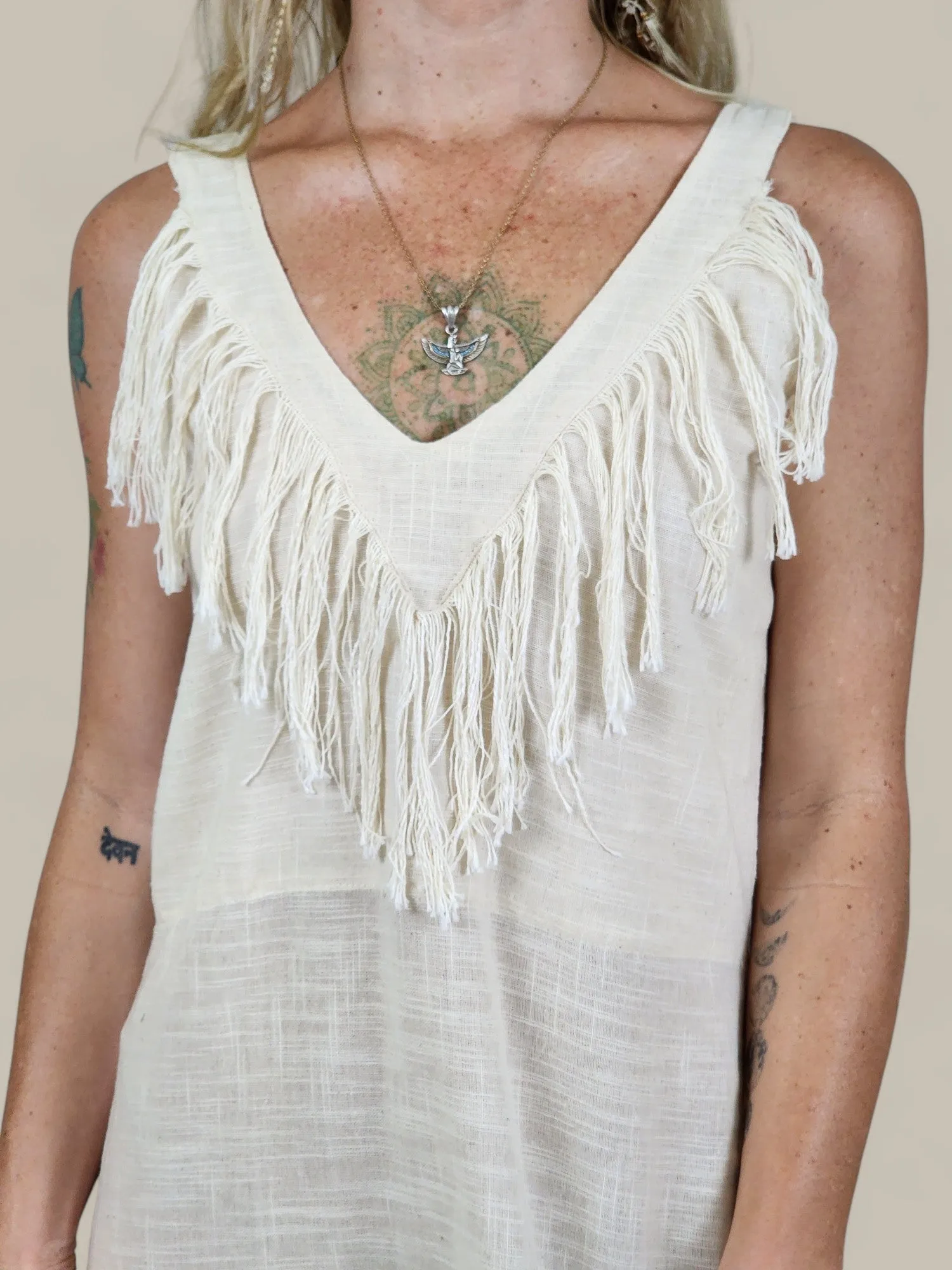 Cream Organic Linen Mini Dress with Fringe