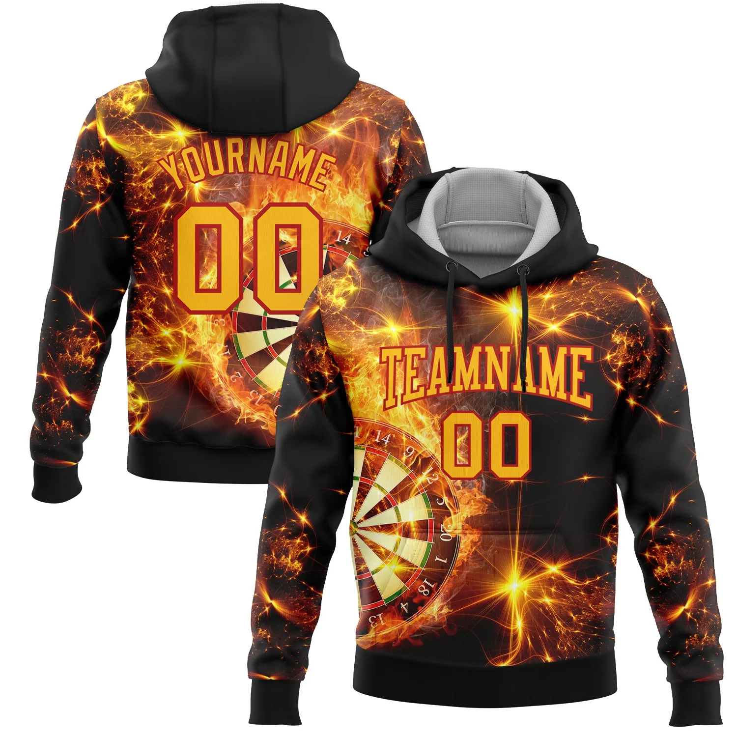 Custom Stitched Black Gold-Red 3D Flame Dart Board Sports Pullover Sweatshirt Hoodie