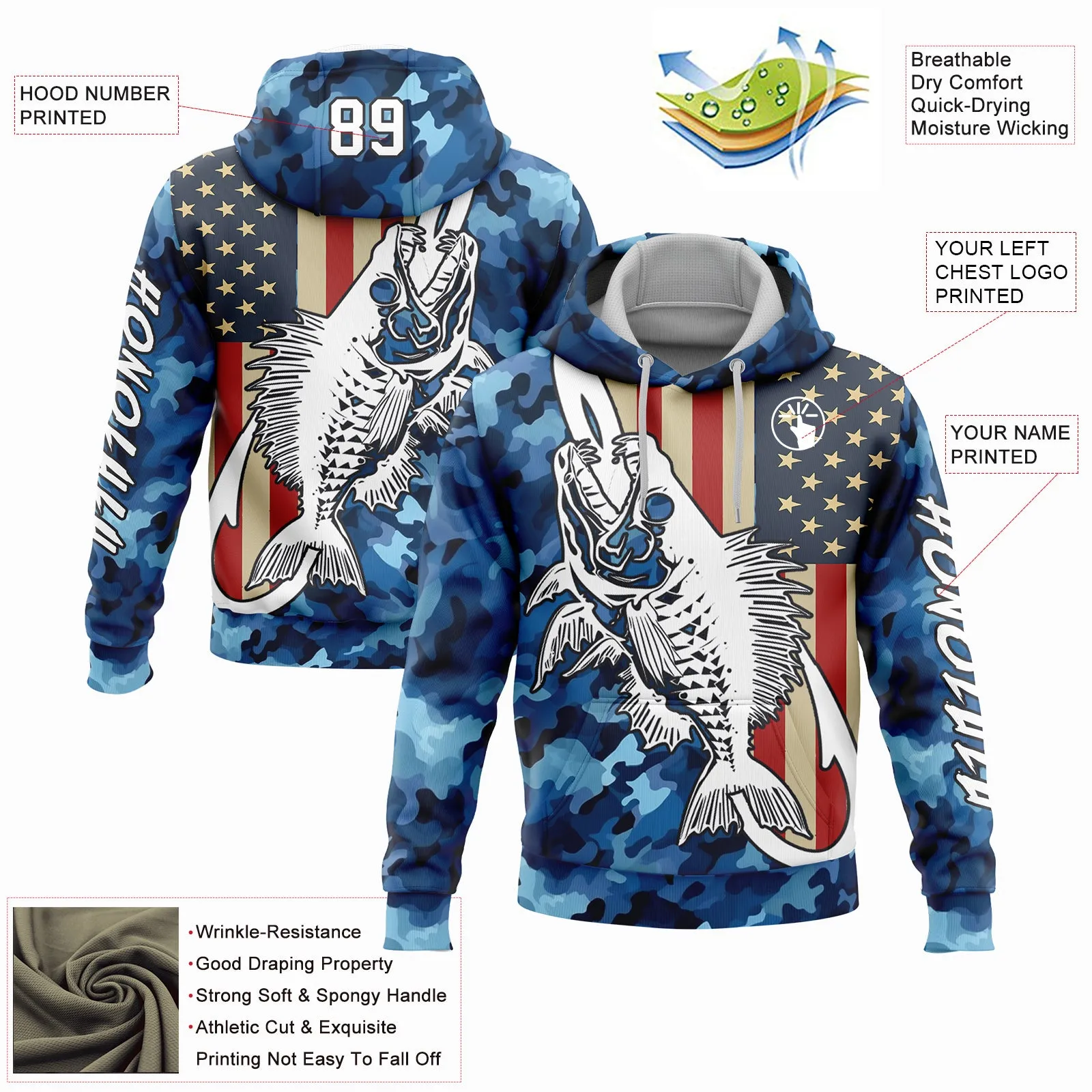 Custom Stitched Camo White-Black 3D American Flag And Fish Hook Skull Fishing Sports Pullover Sweatshirt Salute To Service Hoodie