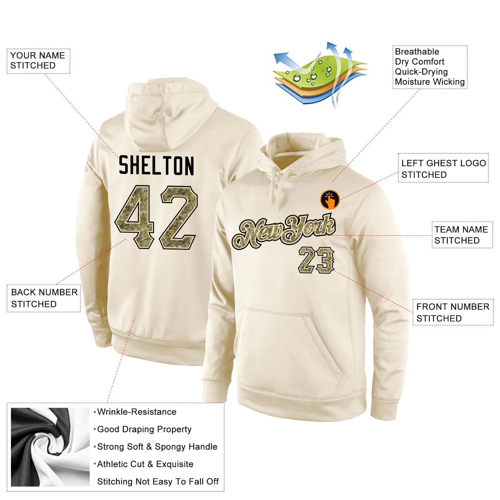 Custom Stitched Cream Camo-Black Sports Pullover Sweatshirt Hoodie