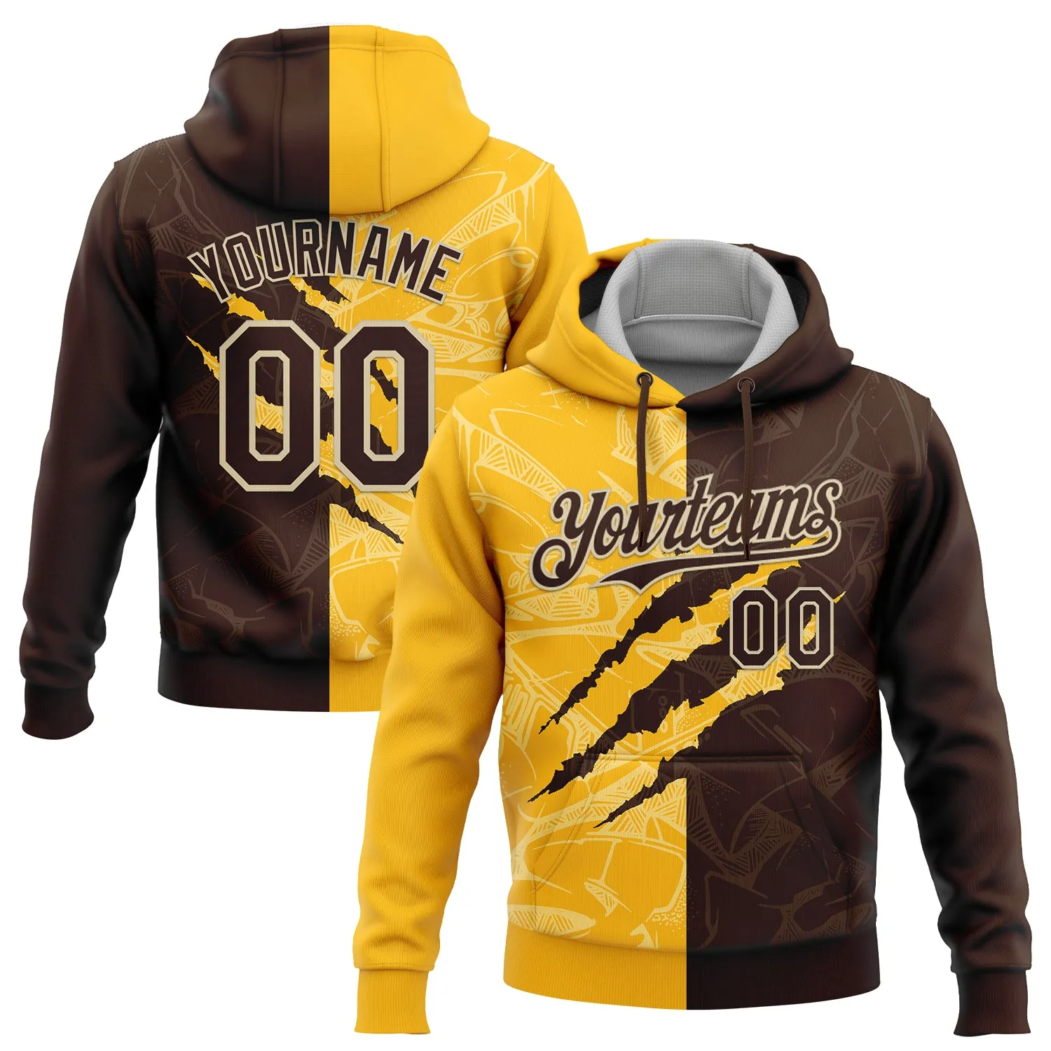 Custom Stitched Graffiti Pattern Brown Gold-Cream 3D Scratch Sports Pullover Sweatshirt Hoodie