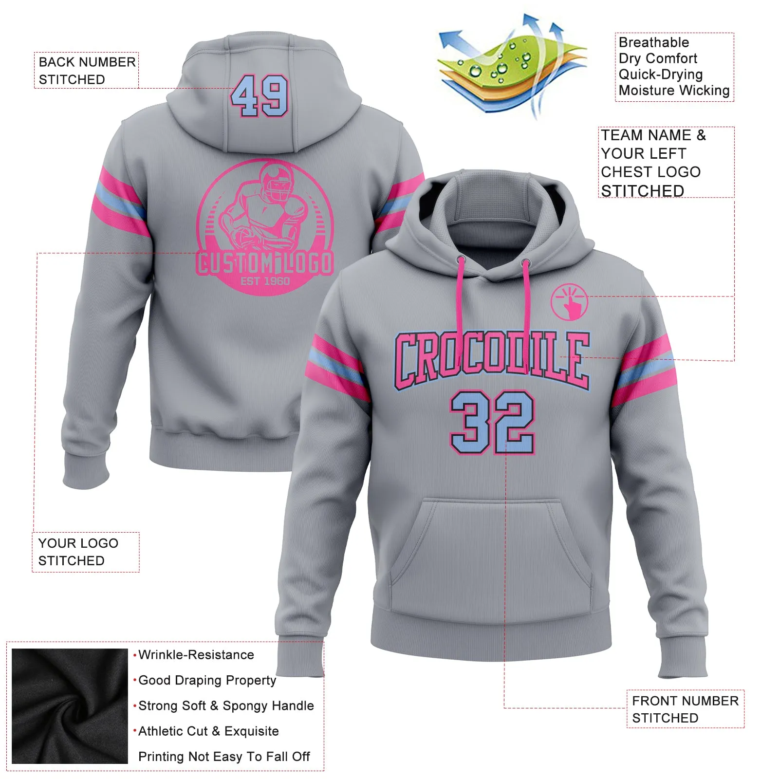 Custom Stitched Gray Light Blue Black-Pink Football Pullover Sweatshirt Hoodie