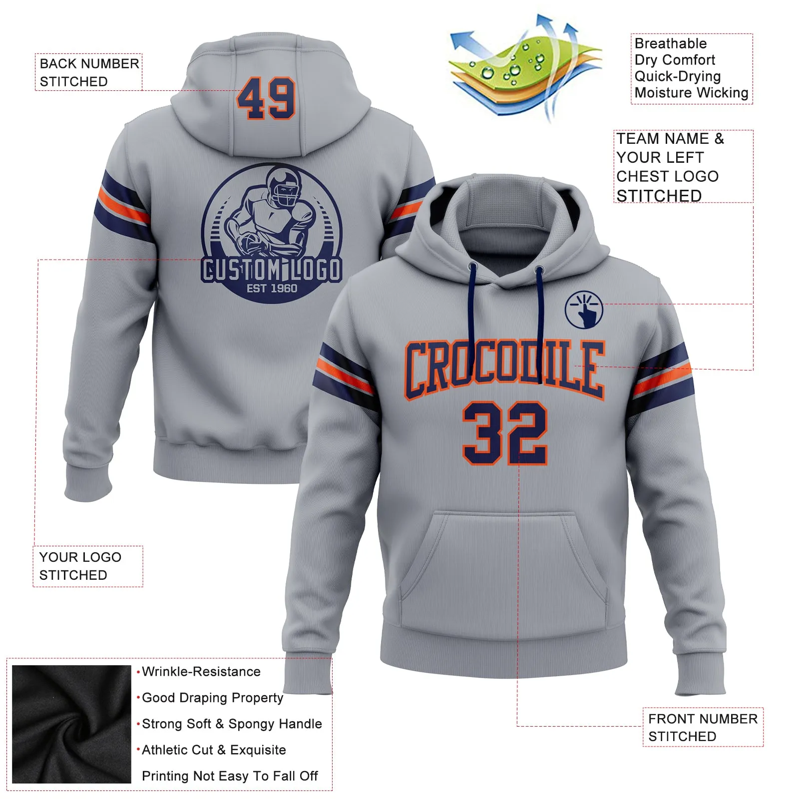 Custom Stitched Gray Navy-Orange Football Pullover Sweatshirt Hoodie