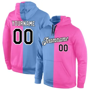 Custom Stitched Light Blue Black-Pink Split Fashion Sports Pullover Sweatshirt Hoodie