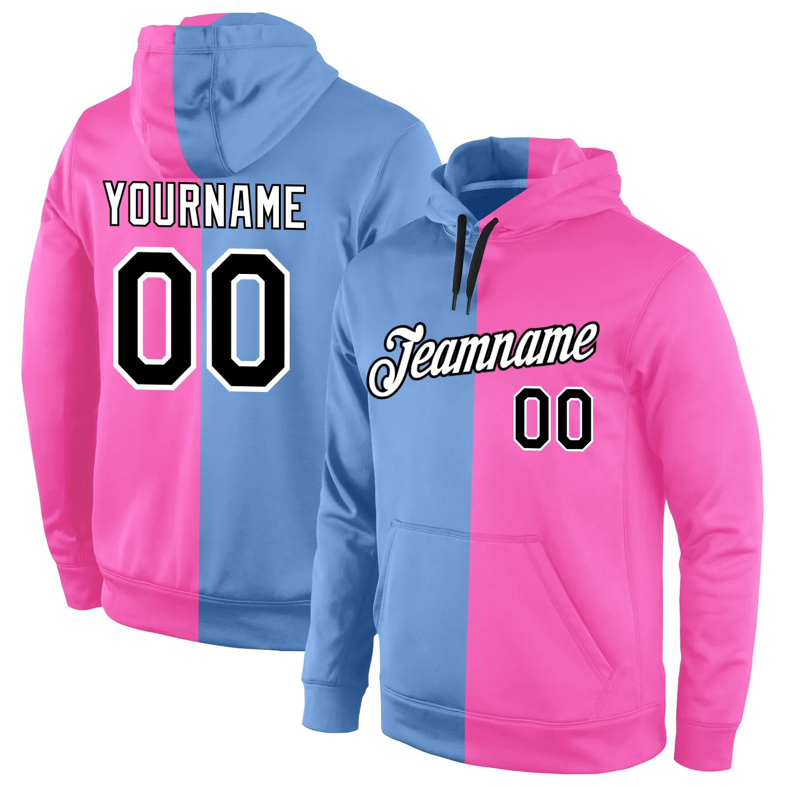 Custom Stitched Light Blue Black-Pink Split Fashion Sports Pullover Sweatshirt Hoodie