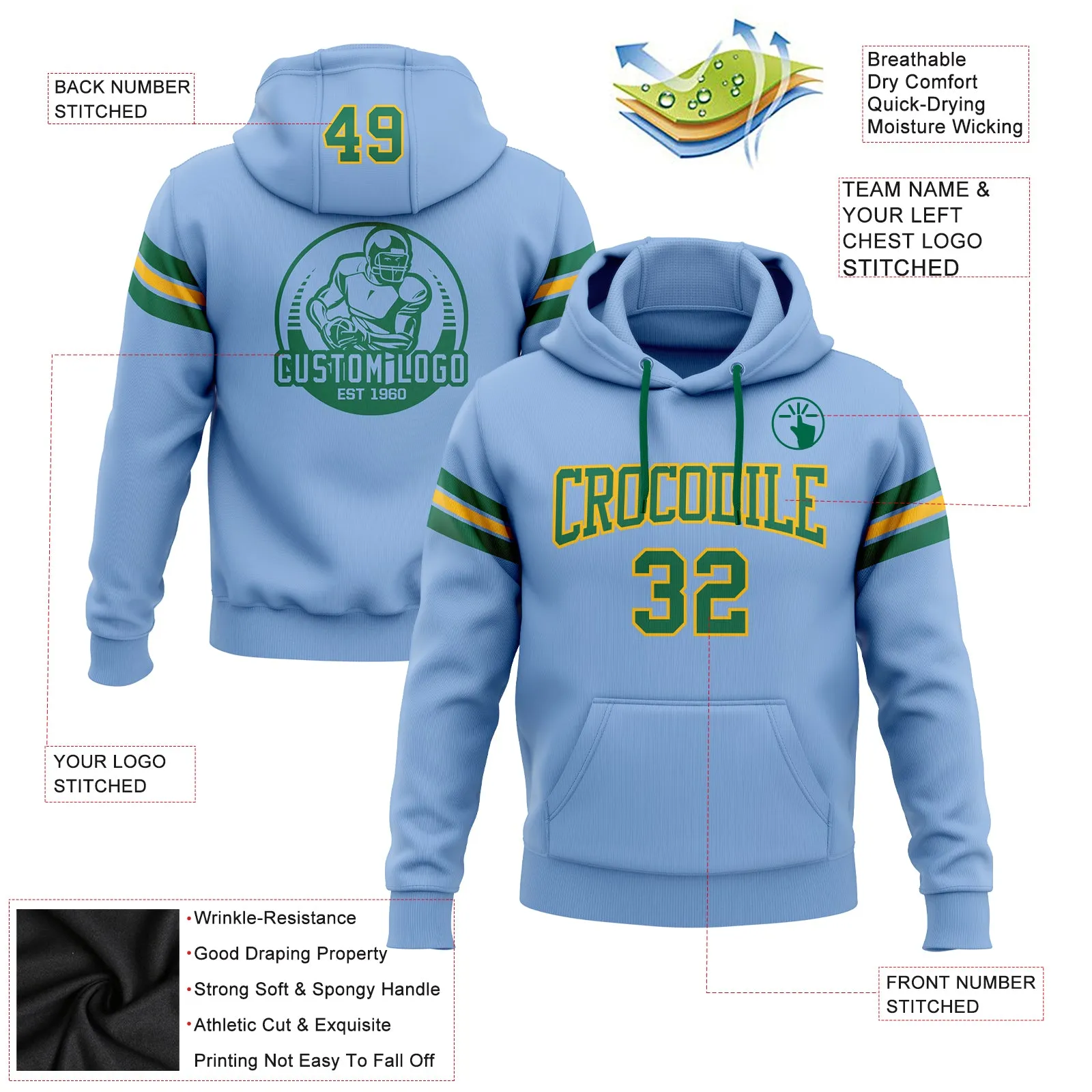 Custom Stitched Light Blue Kelly Green-Gold Football Pullover Sweatshirt Hoodie