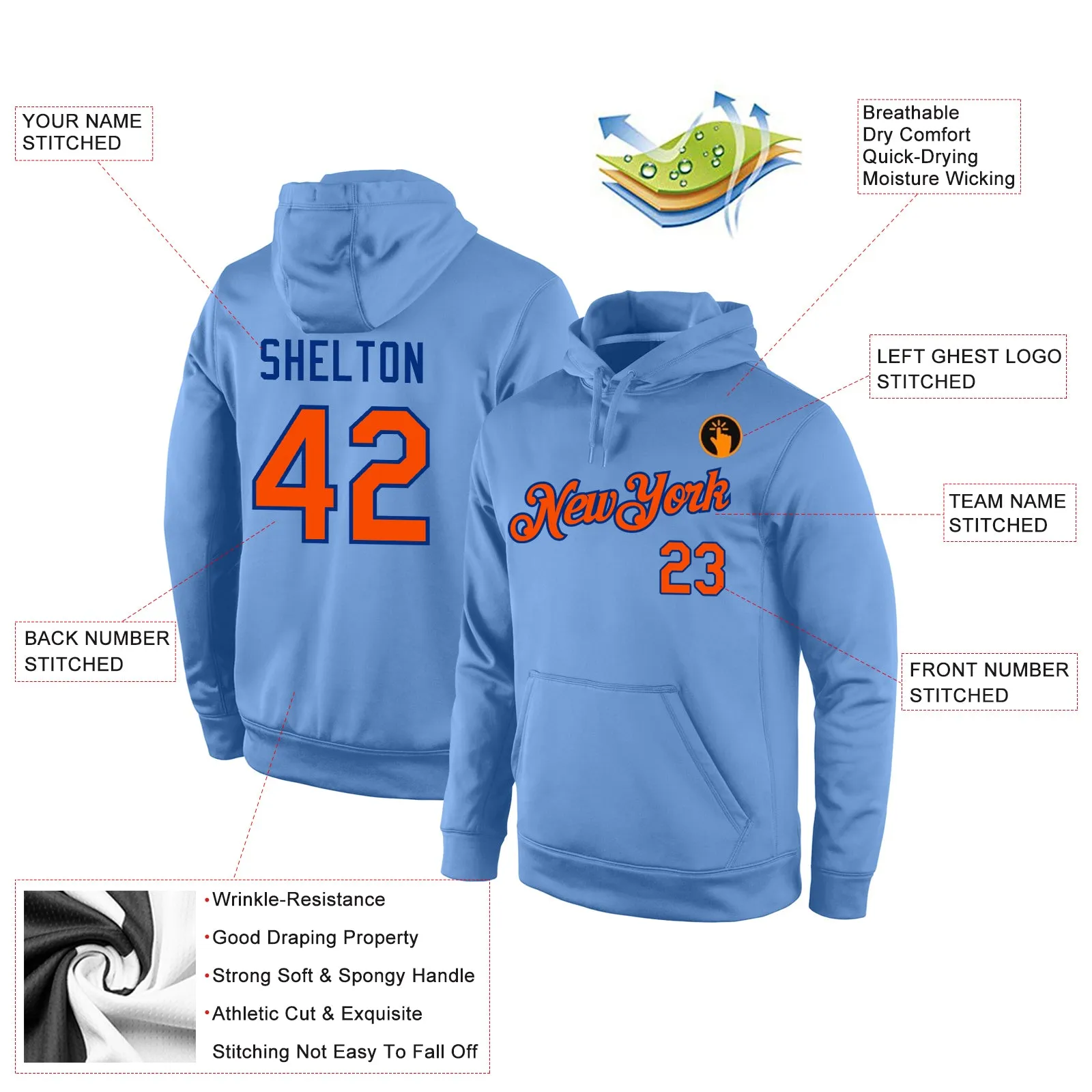 Custom Stitched Light Blue Orange-Royal Sports Pullover Sweatshirt Hoodie