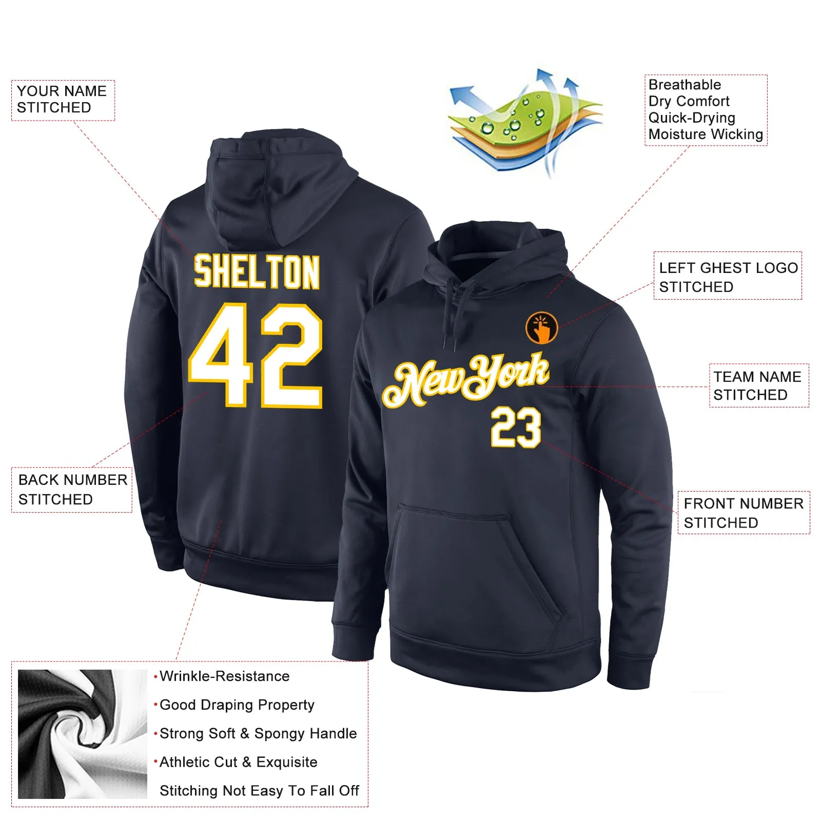 Custom Stitched Navy White-Gold Sports Pullover Sweatshirt Hoodie