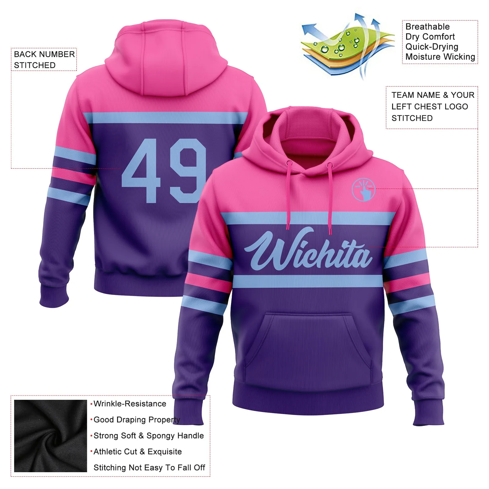 Custom Stitched Purple Light Blue-Pink Line Sports Pullover Sweatshirt Hoodie