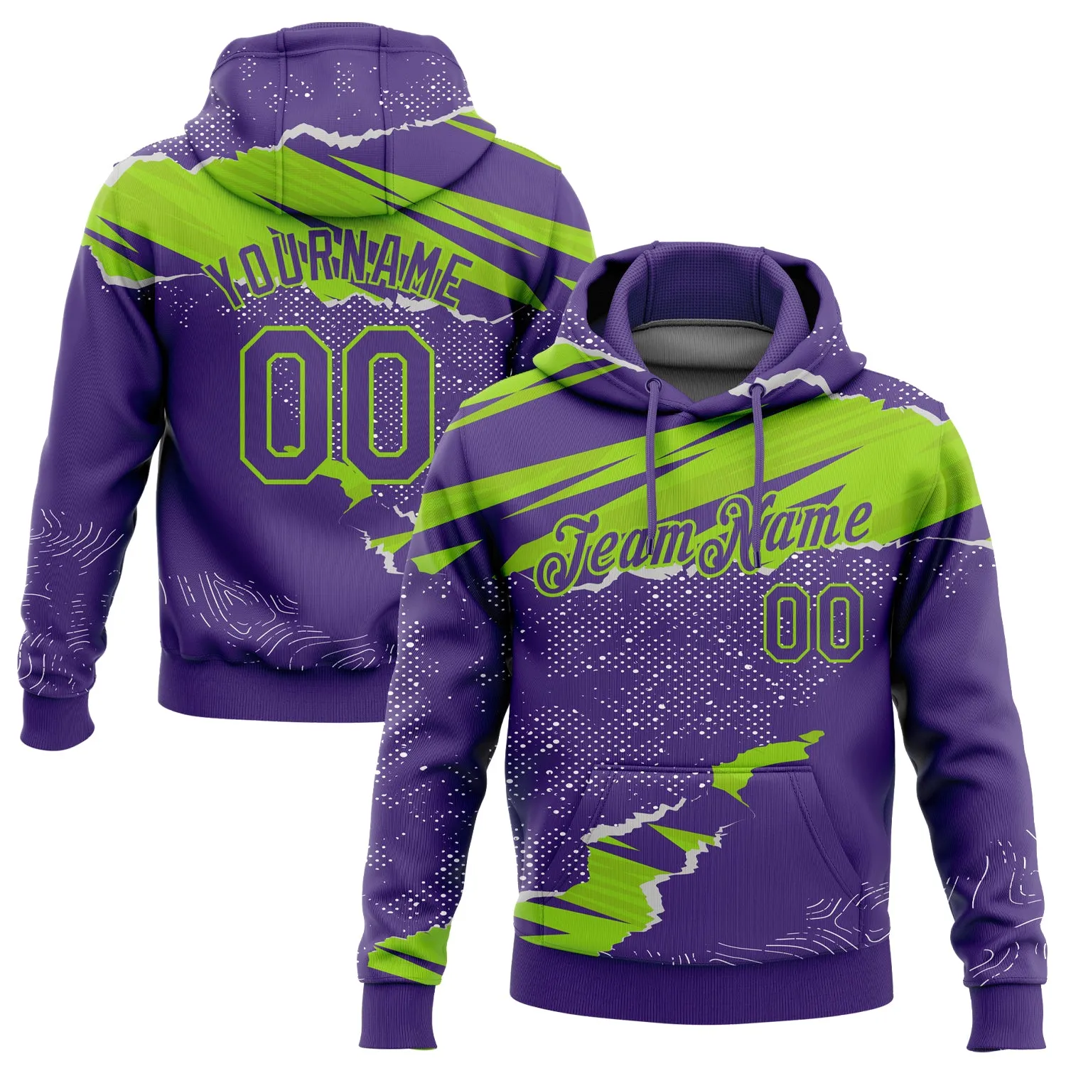 Custom Stitched Purple Neon Green 3D Pattern Design Torn Paper Style Sports Pullover Sweatshirt Hoodie