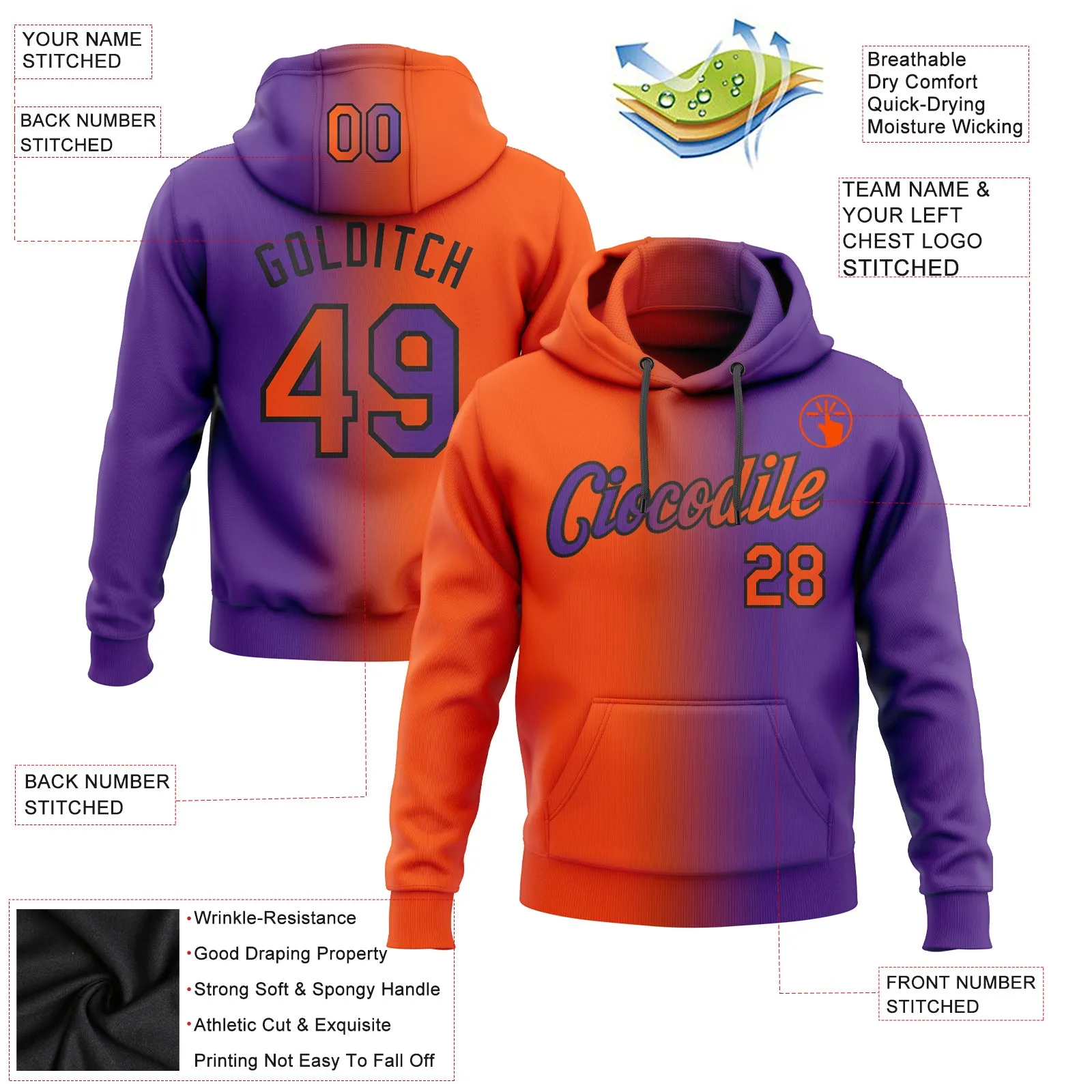 Custom Stitched Purple Orange-Black Gradient Fashion Sports Pullover Sweatshirt Hoodie