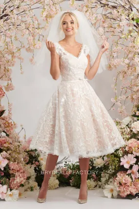 Cute Lace V-neck Popular Blush A-line Knee Length Wedding Gown