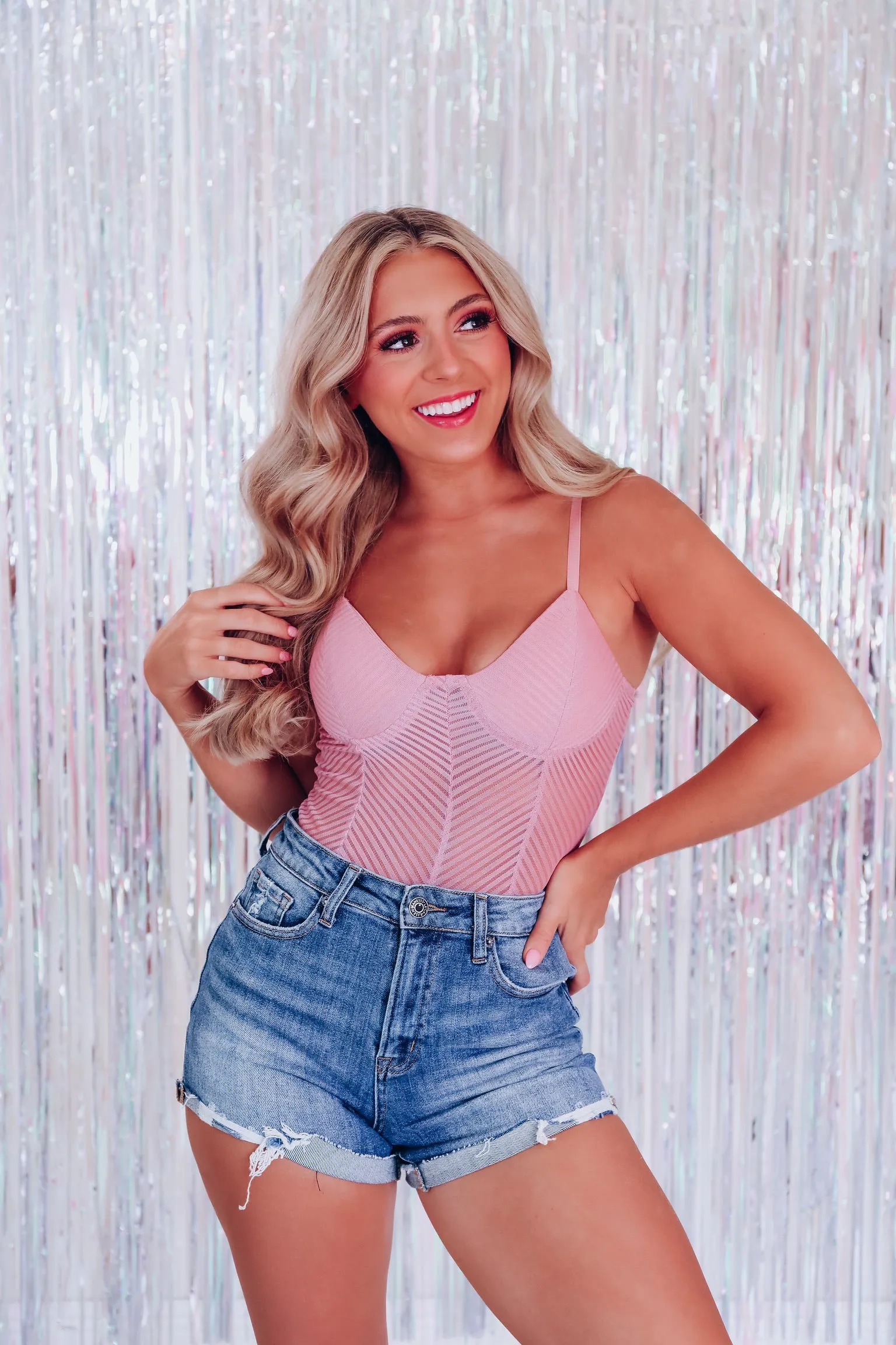 Dare Me Chevron Mesh Bodysuit - Blush