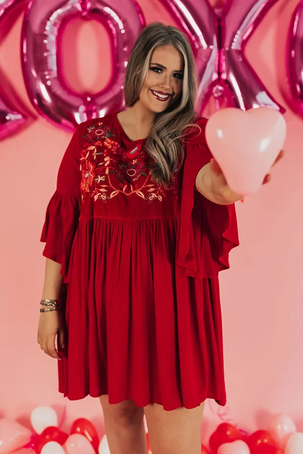 Darling Date Night Embroidered Shift Dress In Red  Curves