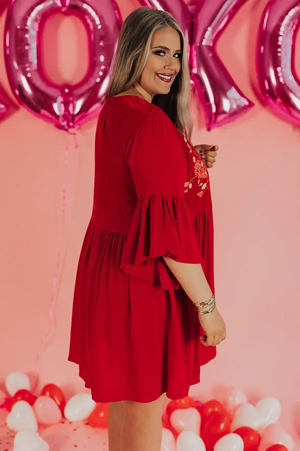 Darling Date Night Embroidered Shift Dress In Red  Curves