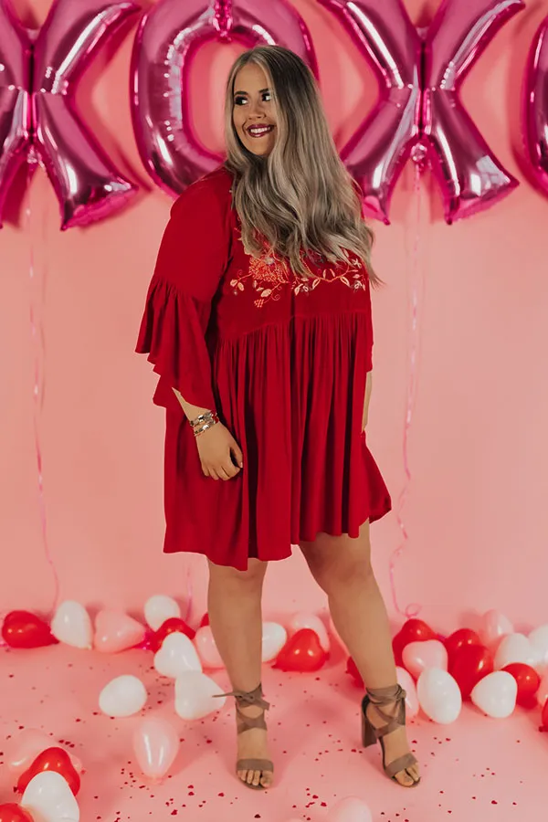 Darling Date Night Embroidered Shift Dress In Red  Curves