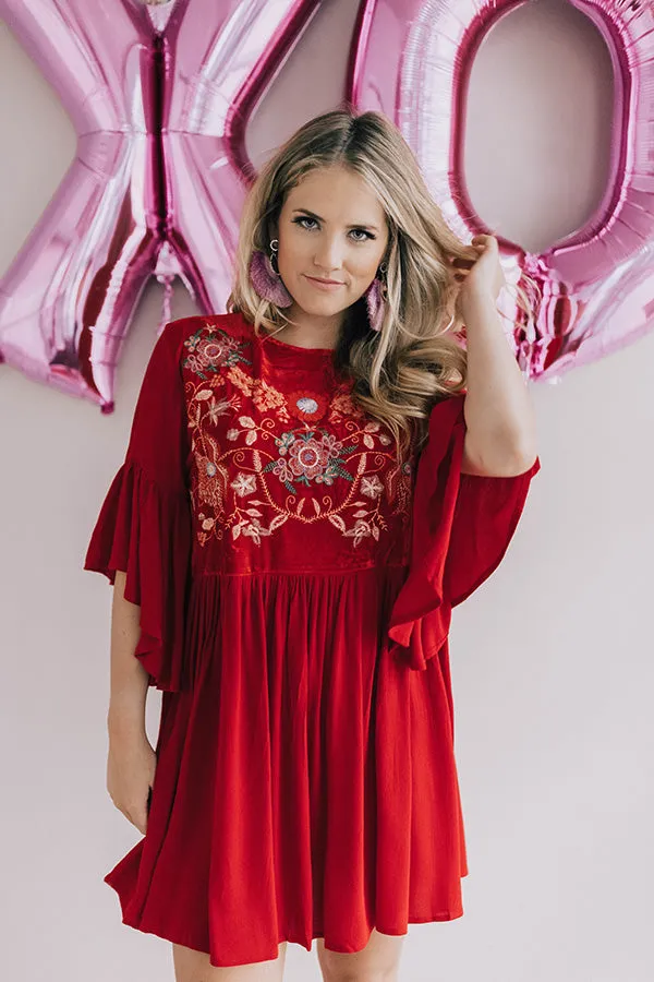 Darling Date Night Embroidered Shift Dress In Red