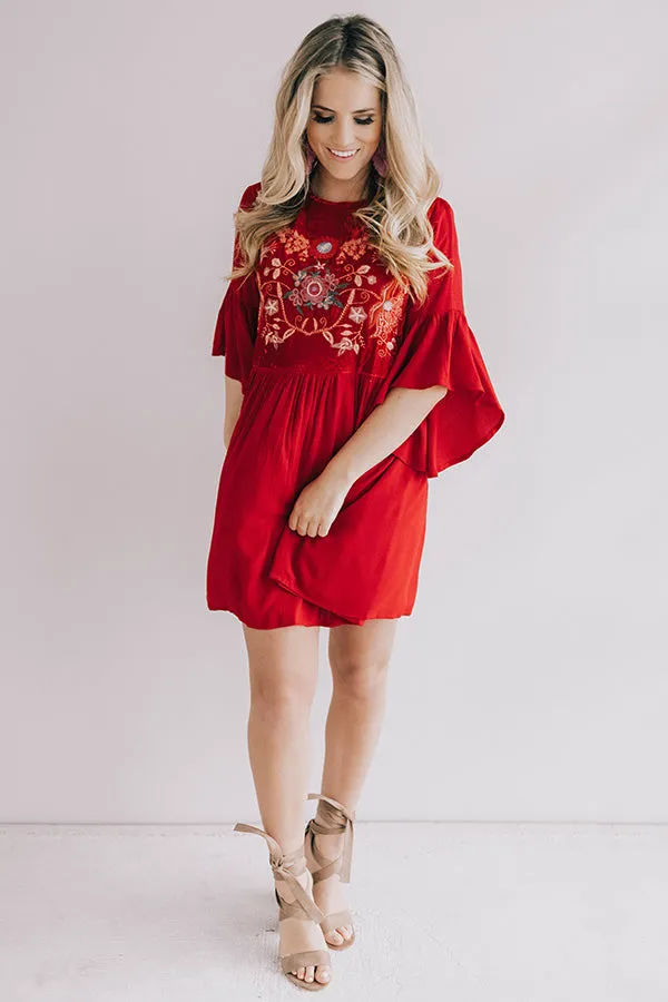 Darling Date Night Embroidered Shift Dress In Red