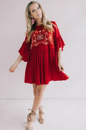 Darling Date Night Embroidered Shift Dress In Red