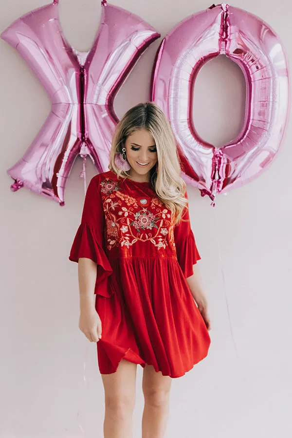 Darling Date Night Embroidered Shift Dress In Red