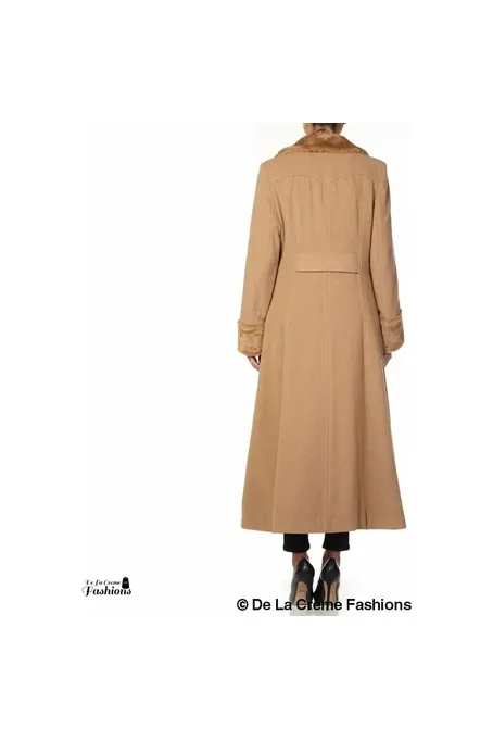 De La Creme Fashions Wool Blend Faux Fur Trim Maxi Coat