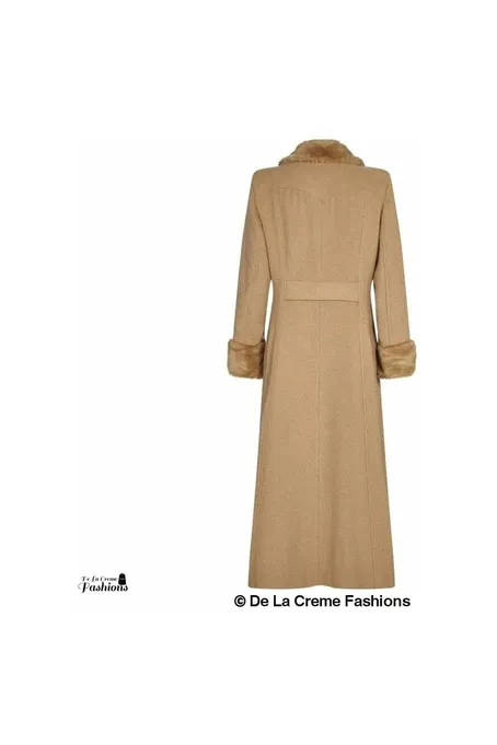 De La Creme Fashions Wool Blend Faux Fur Trim Maxi Coat