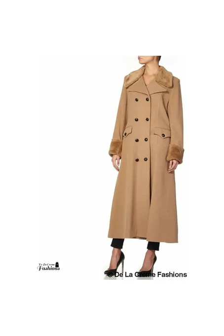 De La Creme Fashions Wool Blend Faux Fur Trim Maxi Coat