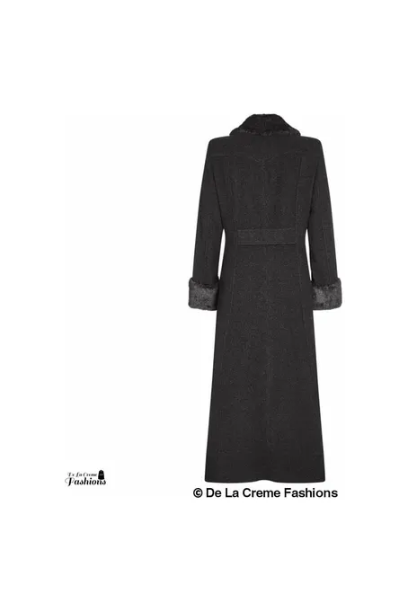 De La Creme Fashions Wool Blend Faux Fur Trim Maxi Coat