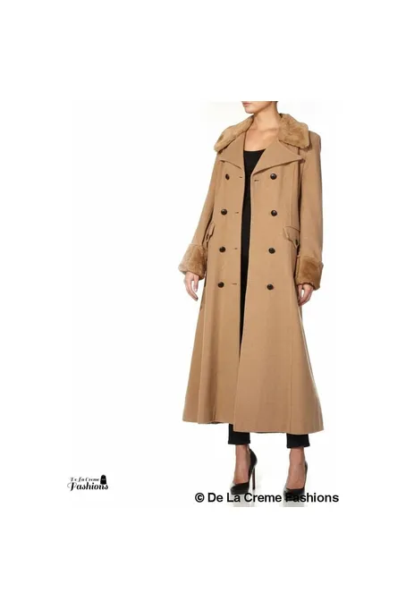 De La Creme Fashions Wool Blend Faux Fur Trim Maxi Coat